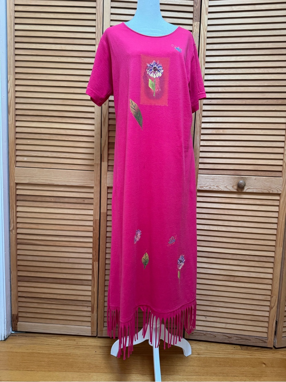 Vintage Cover Charge Pink Embroidered Cotton T-Shirt Midi Dress Fringe Hem M